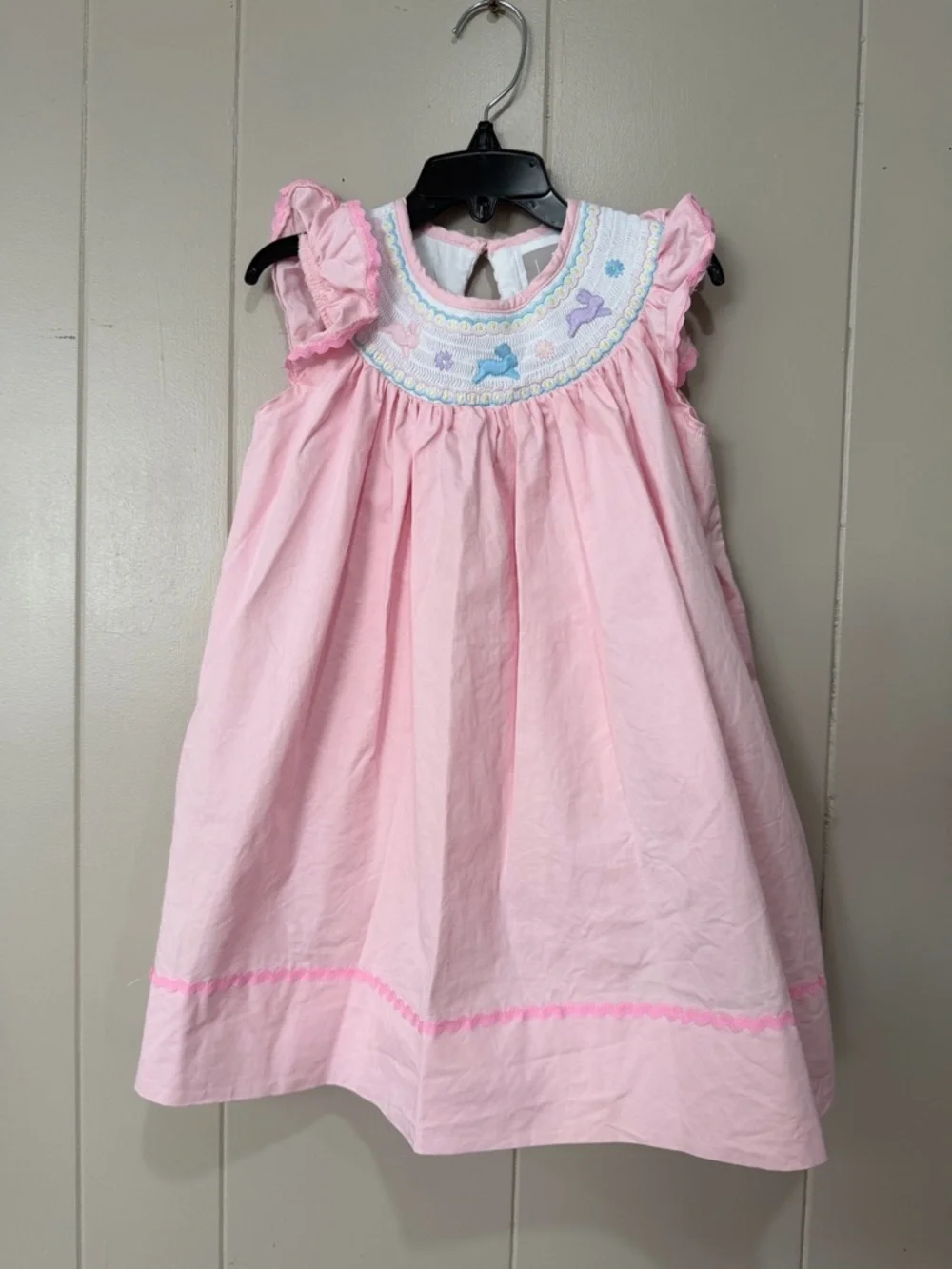 Pink Smocked Flutter Sleeve Dress with Pastel Bunny Embroidery - Picture 1 of 6
